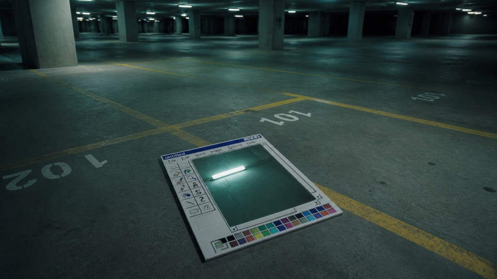 A glowing tube light inside an MS Paint window on the floor of an underground parking garage